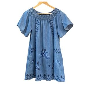 Vintage Copper Key Smocked Floral Embroidery Denim Dress Small Boho Cottagecore